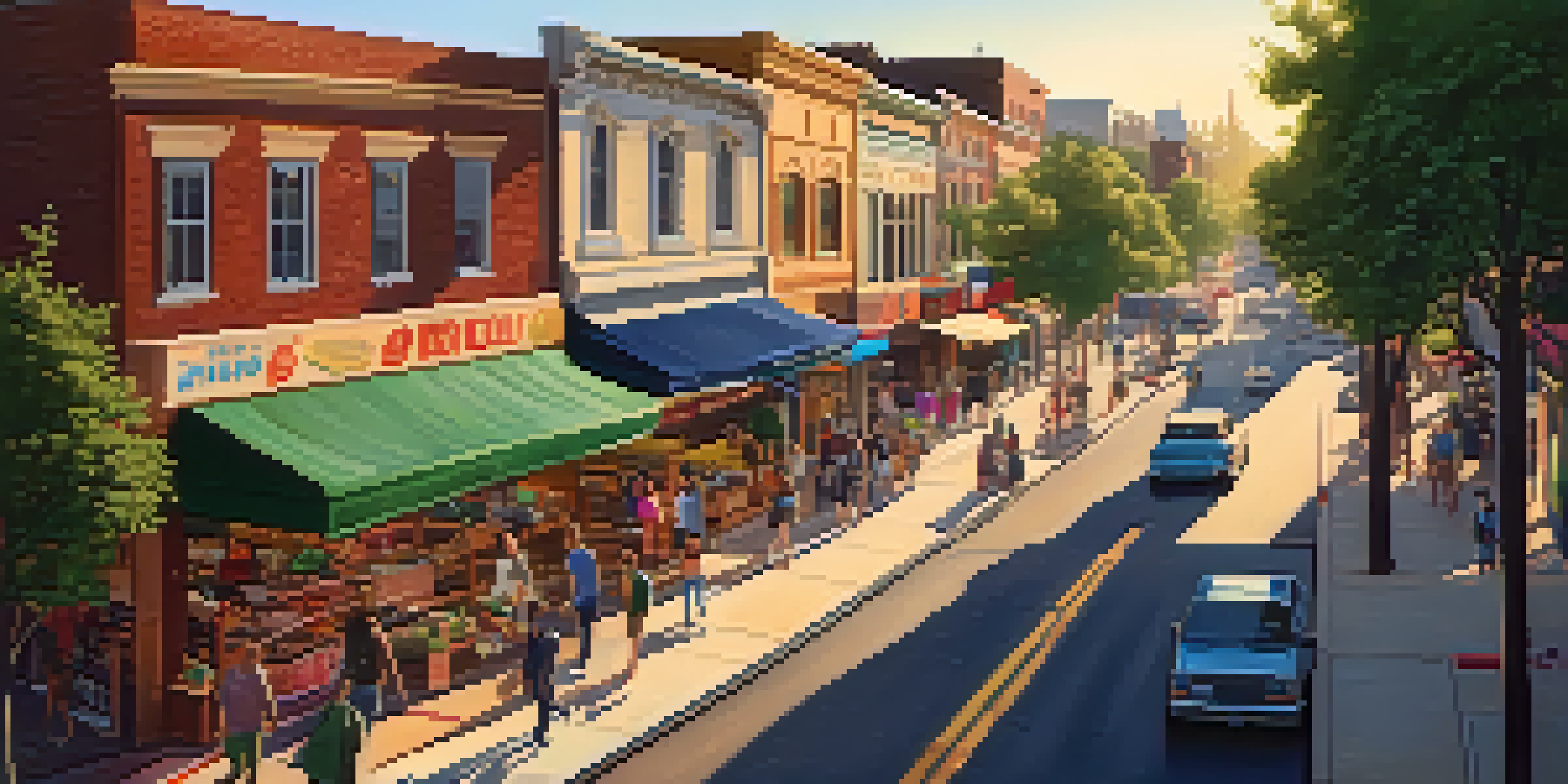 A bustling urban neighborhood with shops and cafes during golden hour, showcasing a vibrant community atmosphere.