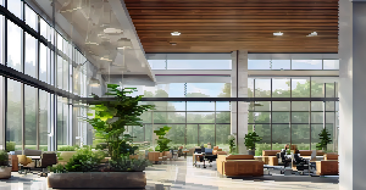 An open-plan office interior with natural light, indoor plants, and energy-efficient furniture, showcasing a connection to the outside green landscape.