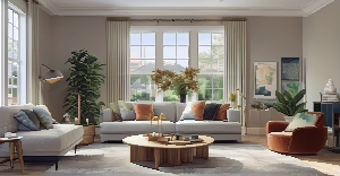 A warm and inviting living room with a comfortable sofa, colorful cushions, and large windows bringing in natural light, decorated with local artwork and a lush indoor plant.