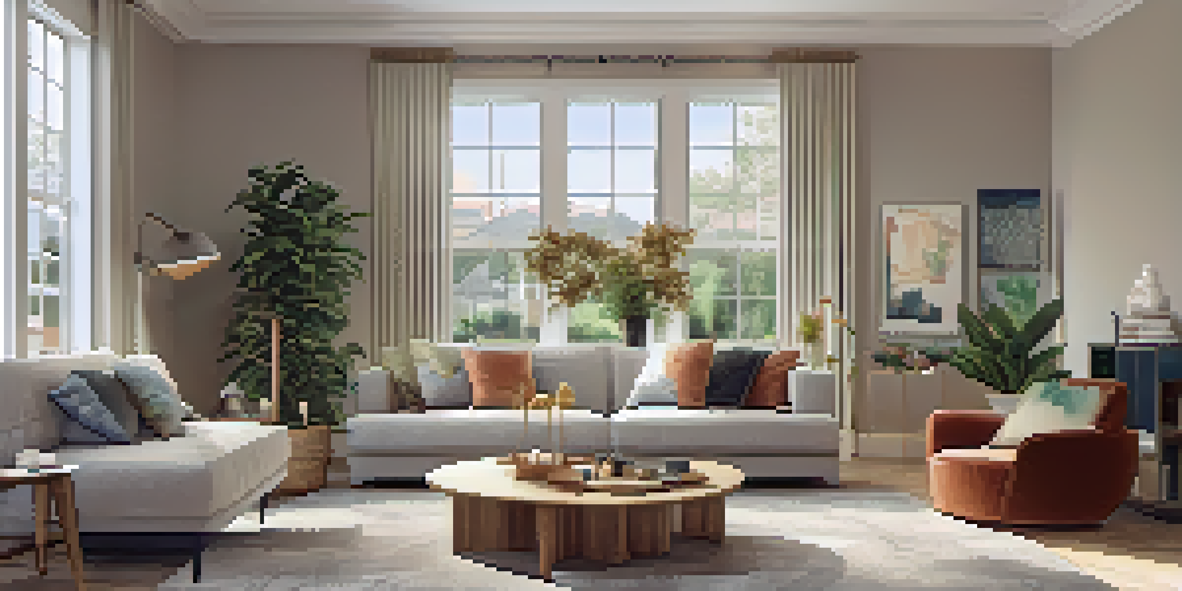 A warm and inviting living room with a comfortable sofa, colorful cushions, and large windows bringing in natural light, decorated with local artwork and a lush indoor plant.