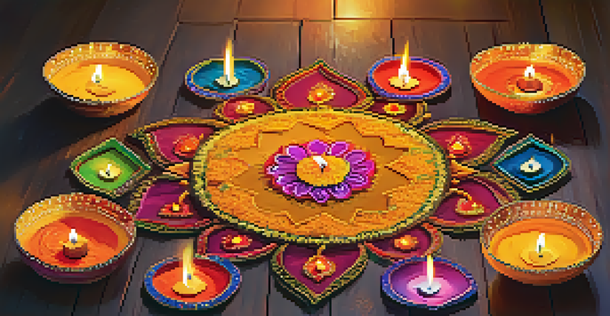 A festive Diwali scene with glowing diyas and colorful rangoli patterns on the floor, adorned with marigold flowers.