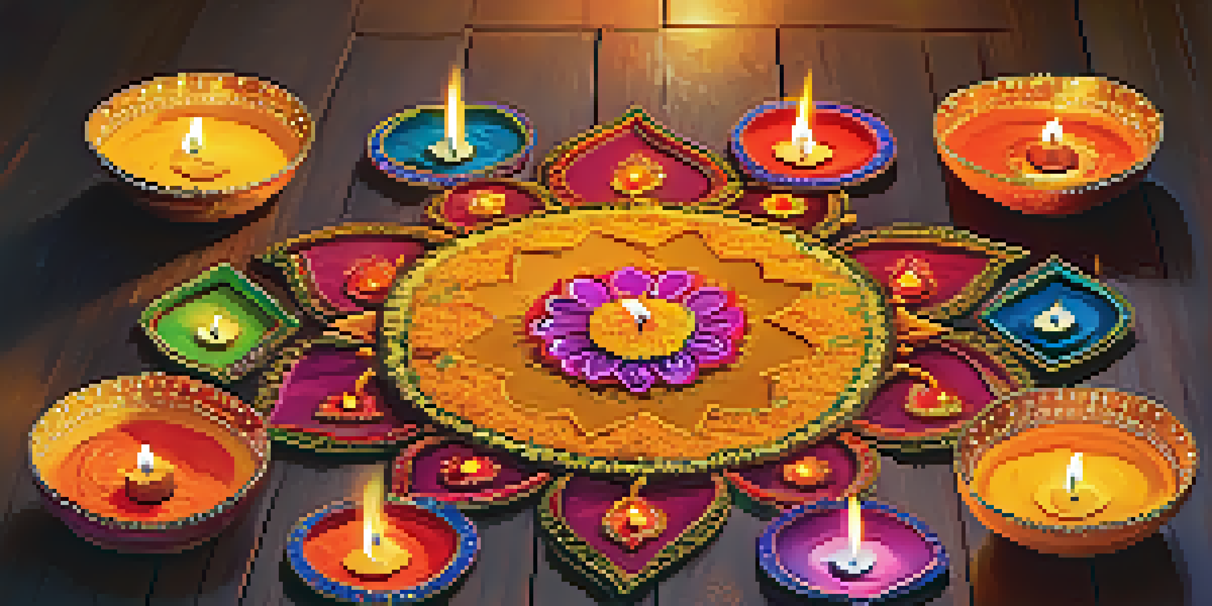 A festive Diwali scene with glowing diyas and colorful rangoli patterns on the floor, adorned with marigold flowers.