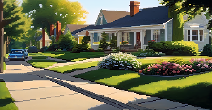 A suburban neighborhood with a shared driveway, green lawns, flowering shrubs, and a neighbor waving from their porch in warm afternoon sunlight.