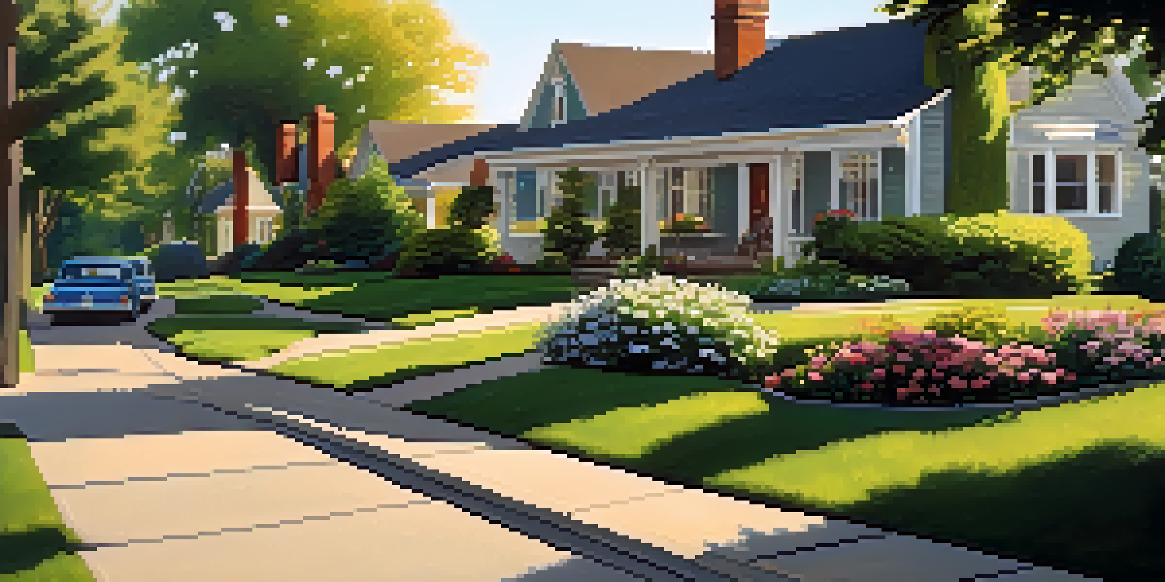A suburban neighborhood with a shared driveway, green lawns, flowering shrubs, and a neighbor waving from their porch in warm afternoon sunlight.