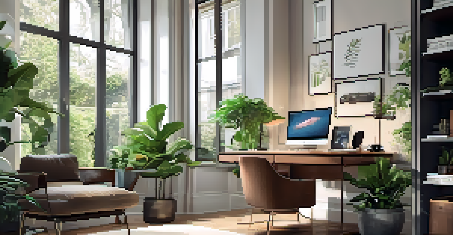 A modern home office with a stylish desk, built-in charging station, and indoor plants, illuminated by natural light and decorated with personal items.