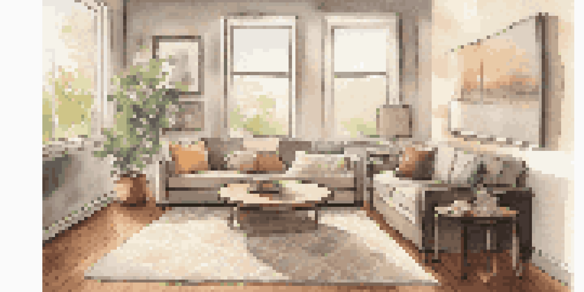 A cozy living room with a modern sofa, coffee table, and a home warranty brochure on the table, illuminated by soft natural light.