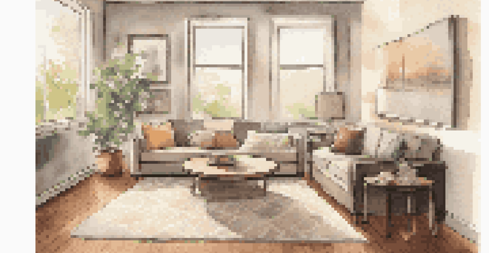 A cozy living room with a modern sofa, coffee table, and a home warranty brochure on the table, illuminated by soft natural light.