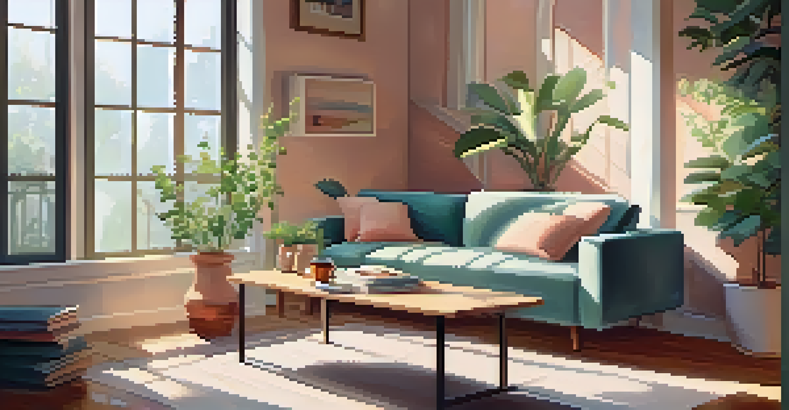 A cozy living room filled with warm sunlight, featuring a comfortable couch and a coffee table with books.