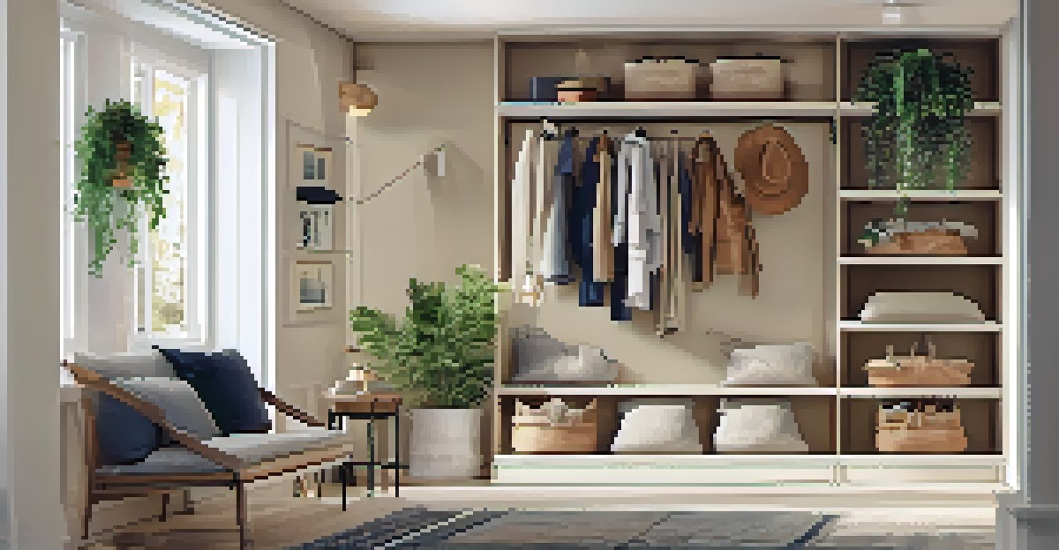 A cozy entryway with vertical shelves, hooks for coats, and warm lighting creating an inviting atmosphere.
