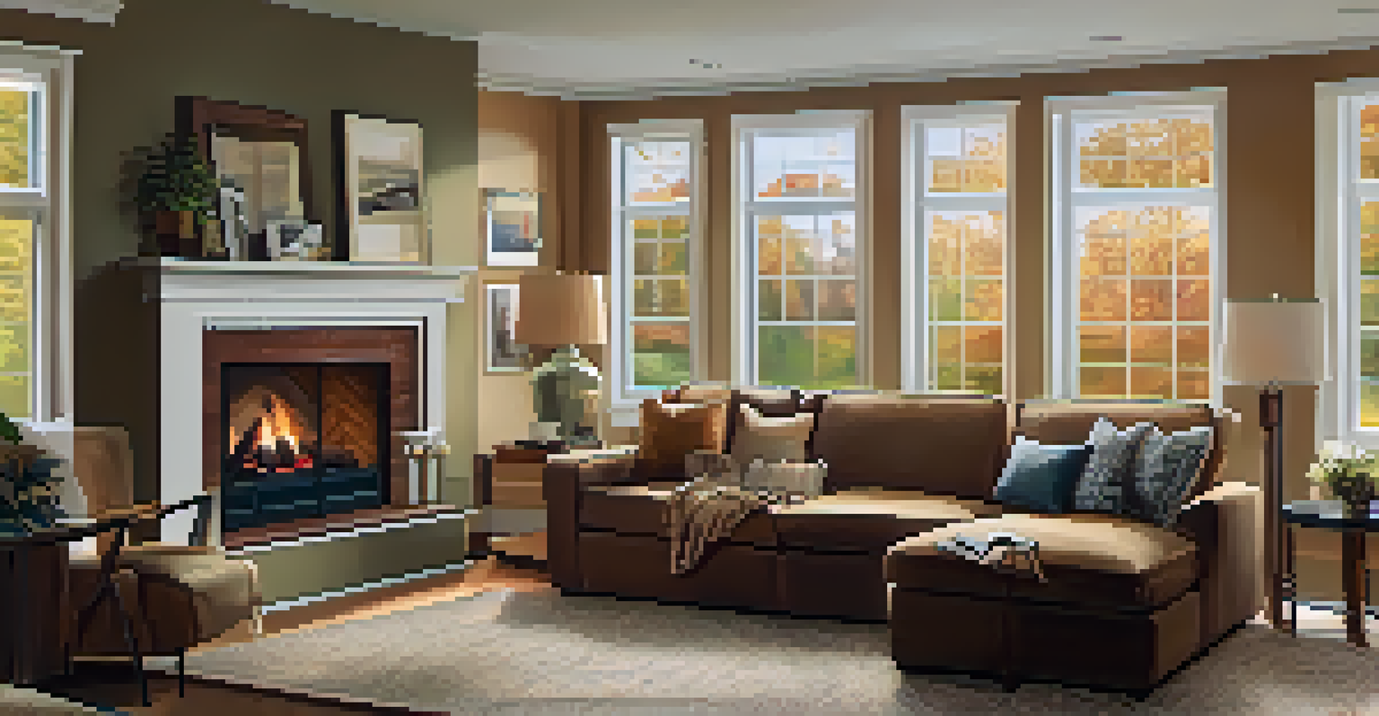 A warm and inviting living room interior with a fireplace and comfortable furniture.