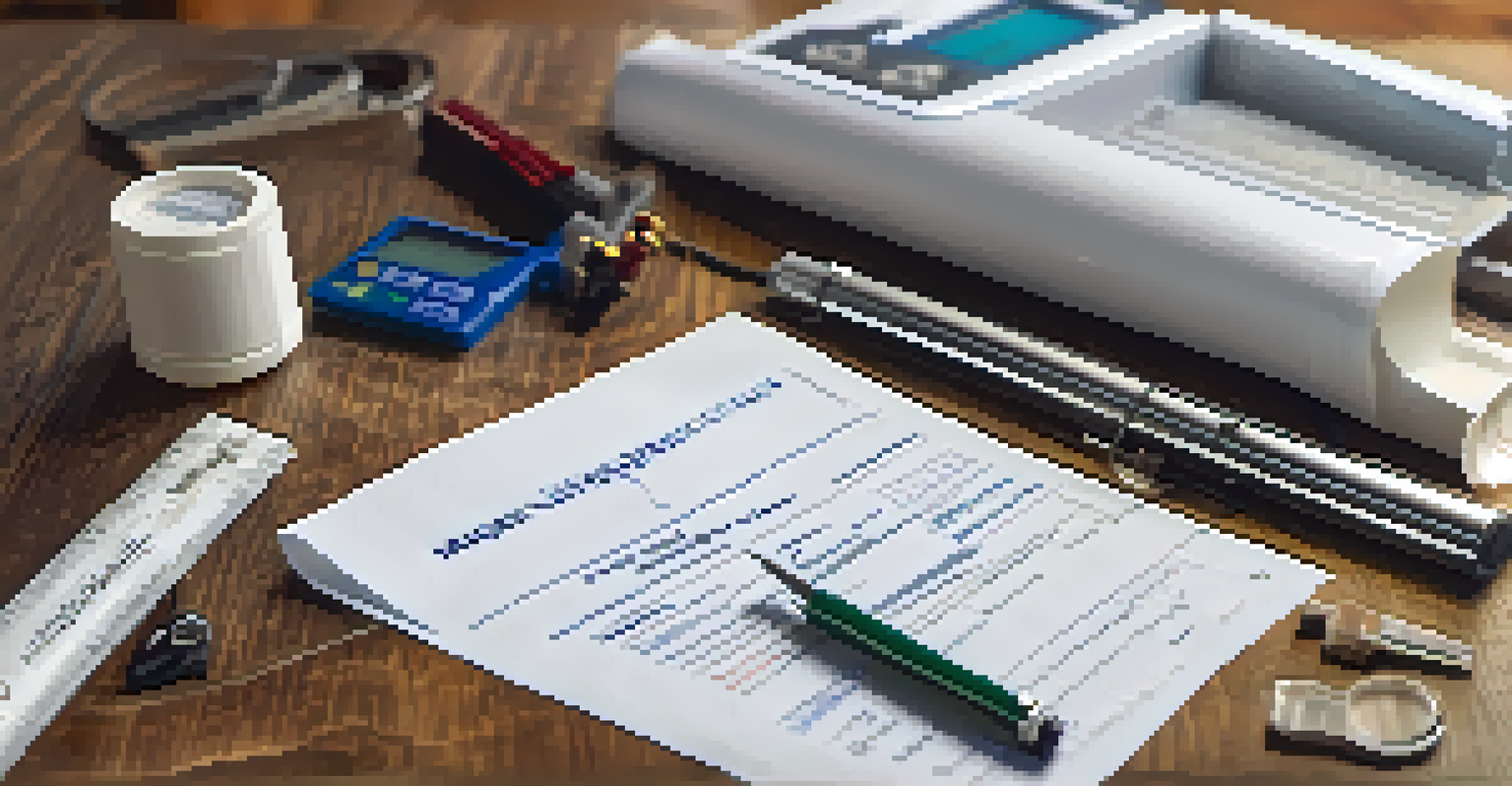 A close-up of a home inspection report on a wooden table, surrounded by inspection tools like a flashlight and a moisture meter, under soft natural light.