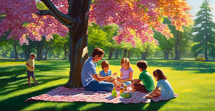 A family having a picnic in a sunny park, with parents setting up a blanket and children playing with a frisbee.