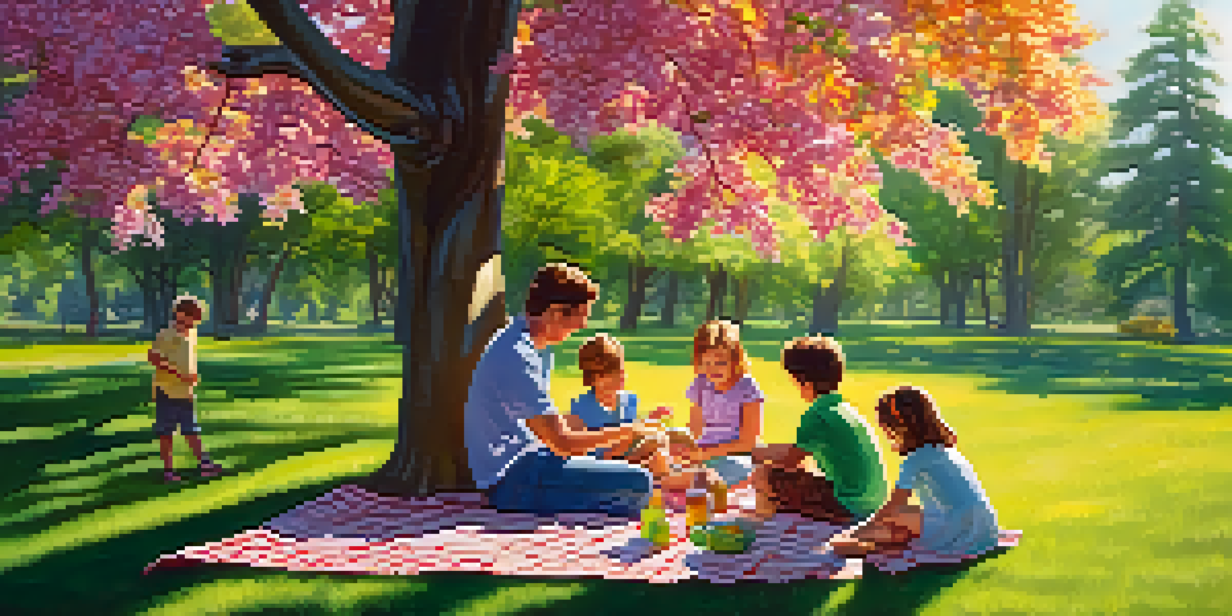 A family having a picnic in a sunny park, with parents setting up a blanket and children playing with a frisbee.