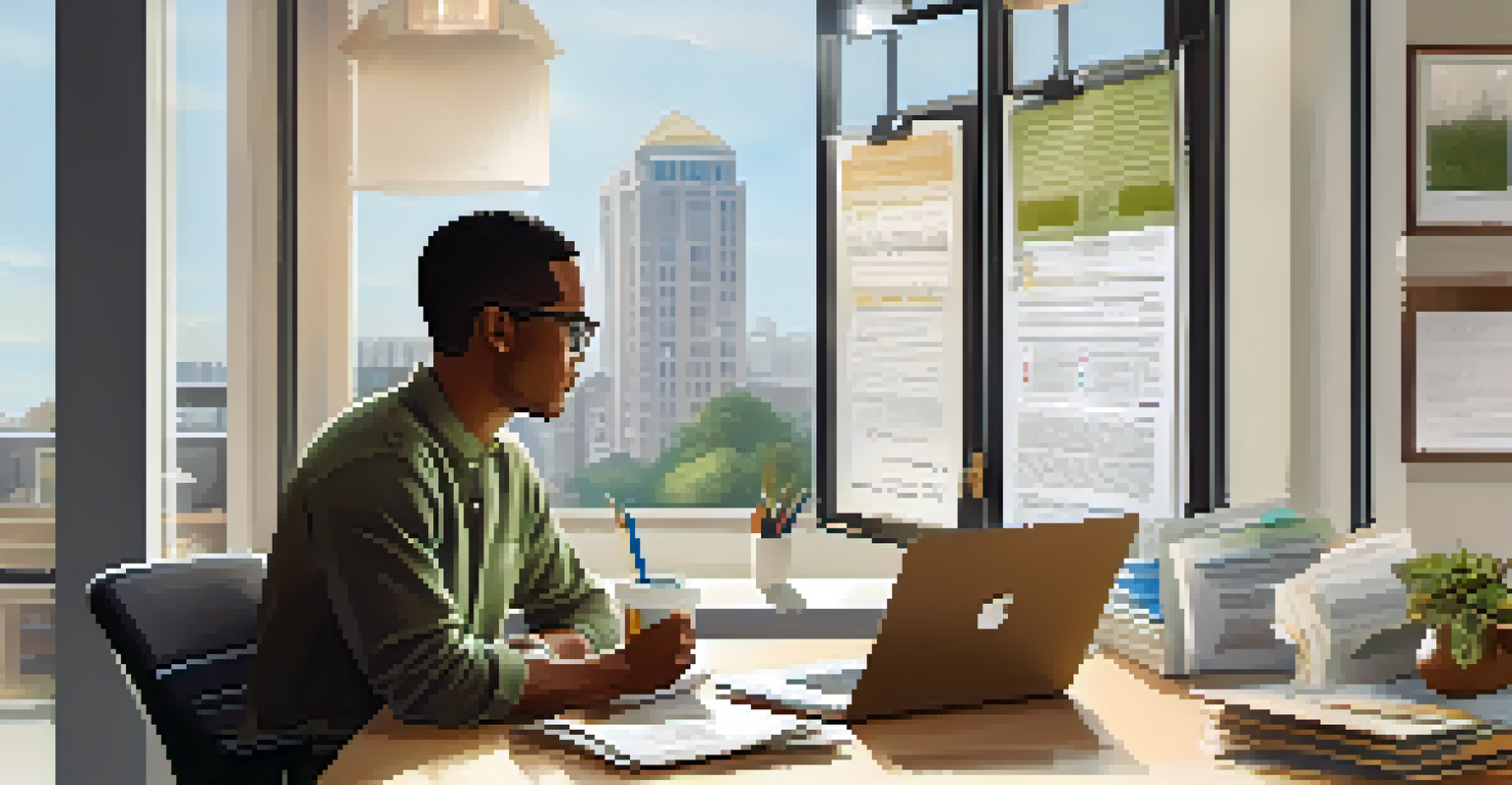 A homeowner sitting at a desk, reviewing their condo insurance policy with a laptop and papers.