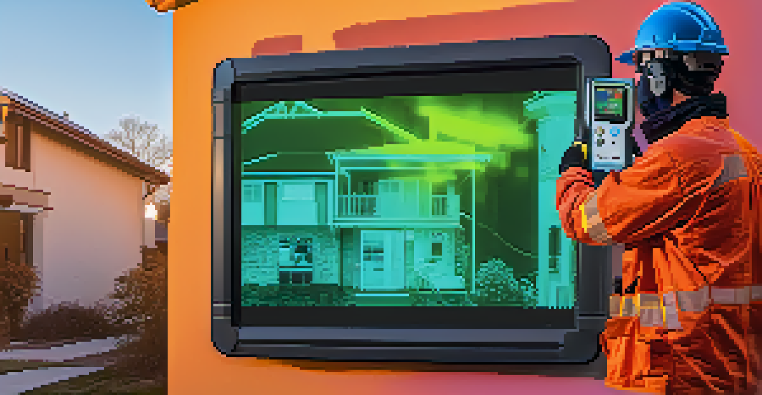 An energy auditor examining thermal images with a camera, highlighting areas of heat loss in a residential setting.