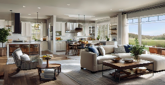 A spacious open concept living area with a modern kitchen, dining space, and living room filled with natural light and cozy decor.