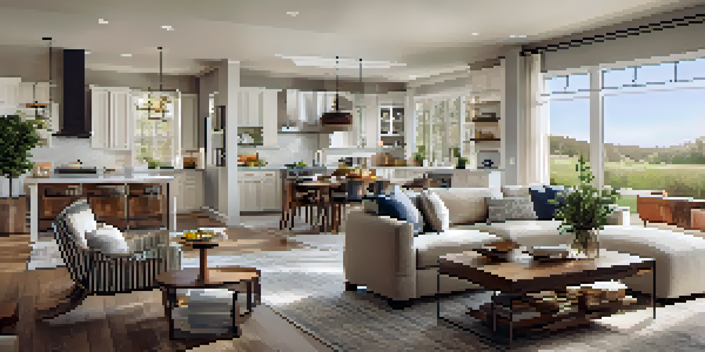 A spacious open concept living area with a modern kitchen, dining space, and living room filled with natural light and cozy decor.