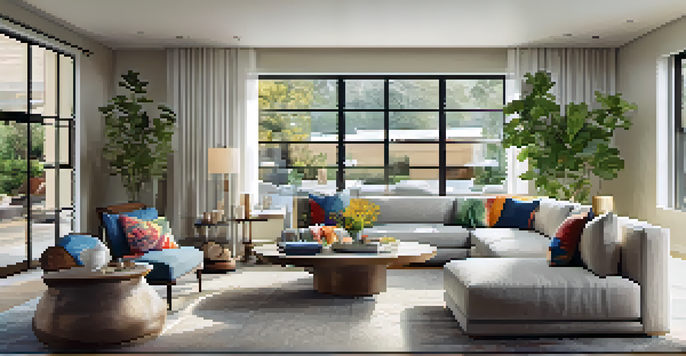 A modern open floor plan showcasing a cozy living area with plush sofas and a dining space with a set dining table, illuminated by natural light from large windows.
