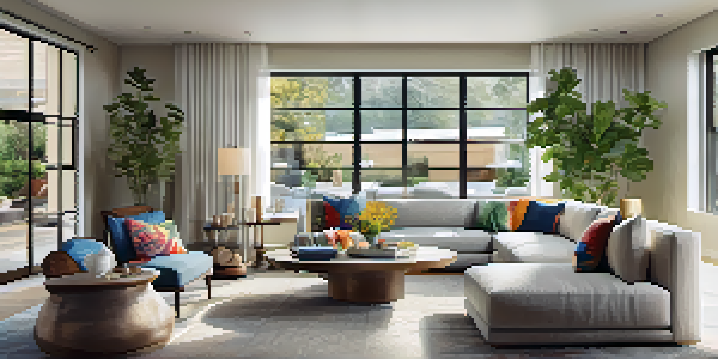 A modern open floor plan showcasing a cozy living area with plush sofas and a dining space with a set dining table, illuminated by natural light from large windows.