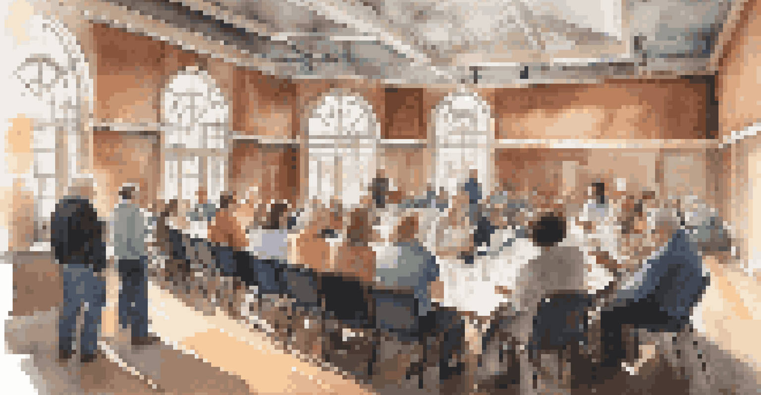 A community meeting in a historic theater, with residents and artists engaging in discussion amidst original architectural elements.