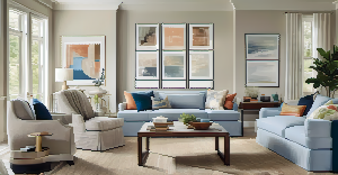 An airy open concept living and dining area filled with natural light, showcasing a sectional sofa, colorful pillows, a gallery wall, and plants.