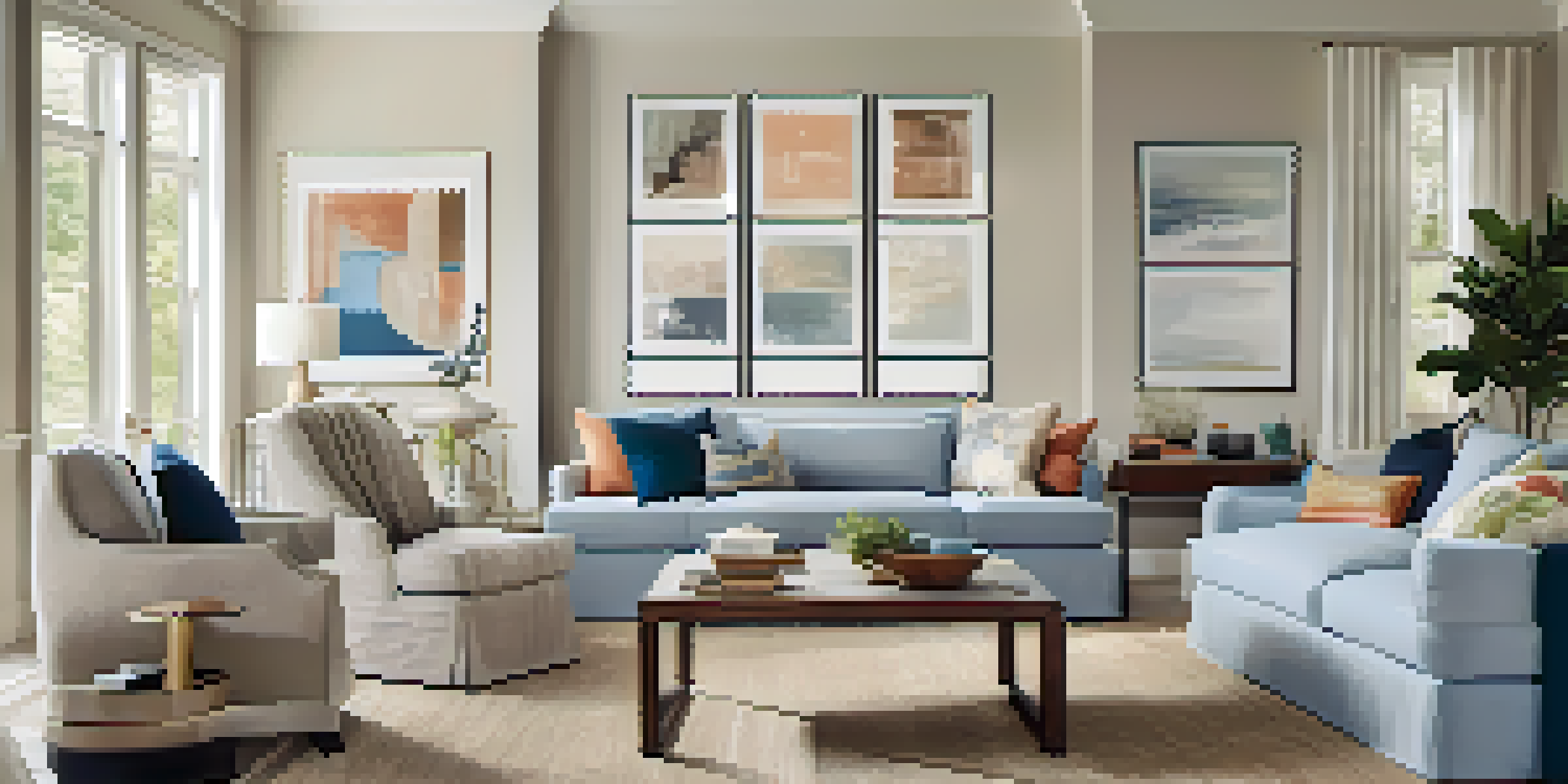An airy open concept living and dining area filled with natural light, showcasing a sectional sofa, colorful pillows, a gallery wall, and plants.