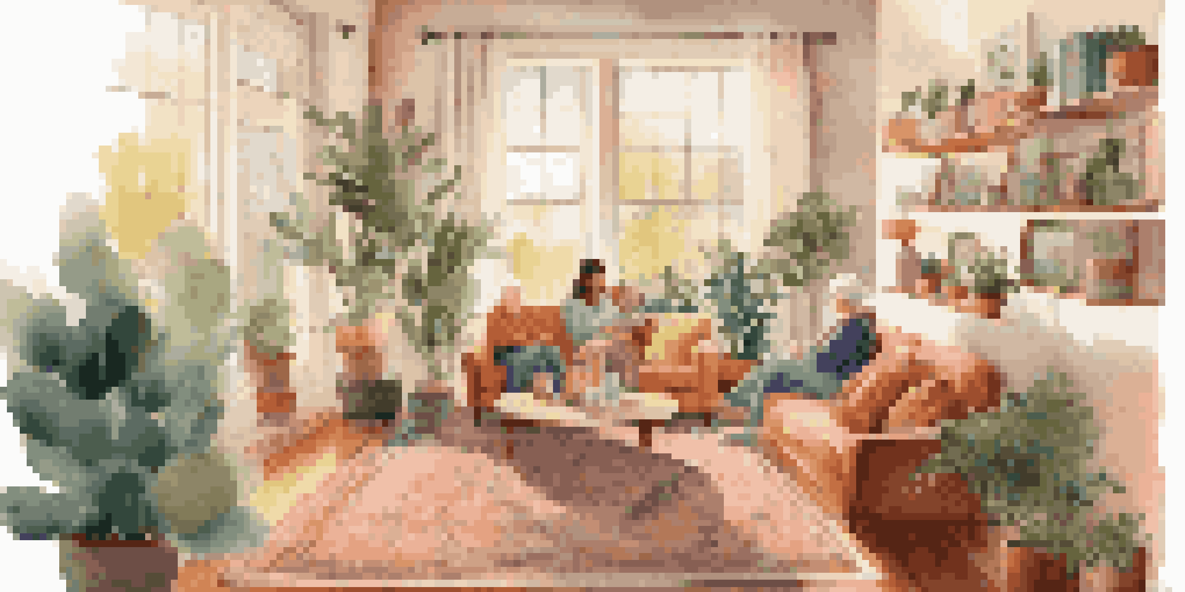A warm living room scene with grandparents, parents, and children engaging in various activities, illuminated by natural light.