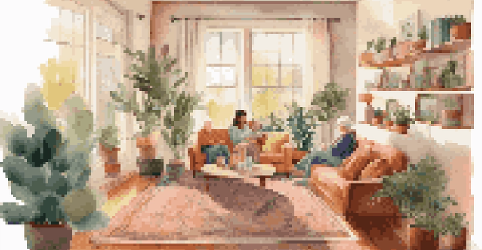 A warm living room scene with grandparents, parents, and children engaging in various activities, illuminated by natural light.