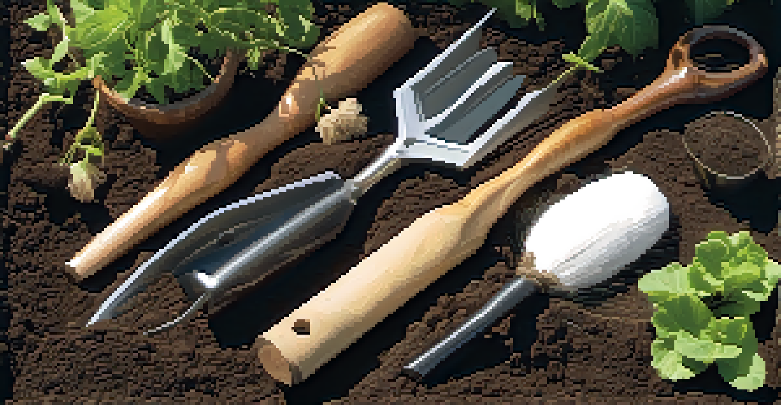 A close-up of organic gardening tools, including a wooden trowel and organic cotton gloves on dark soil, illuminated by sunlight, showcasing textures and warmth.