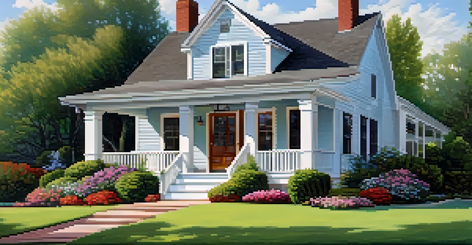 A picturesque suburban home with a manicured lawn and a colorful garden, featuring a front porch and a blue sky.