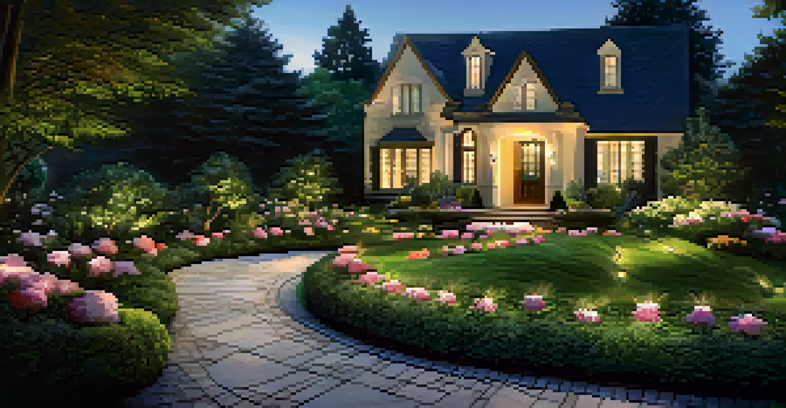 A front yard featuring a metal sculpture at the end of a pathway, illuminated by uplighting, surrounded by trimmed hedges and flowers.