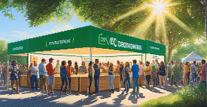 A diverse group of people gathered around a crowdfunding booth for eco-friendly products in a lively outdoor setting.