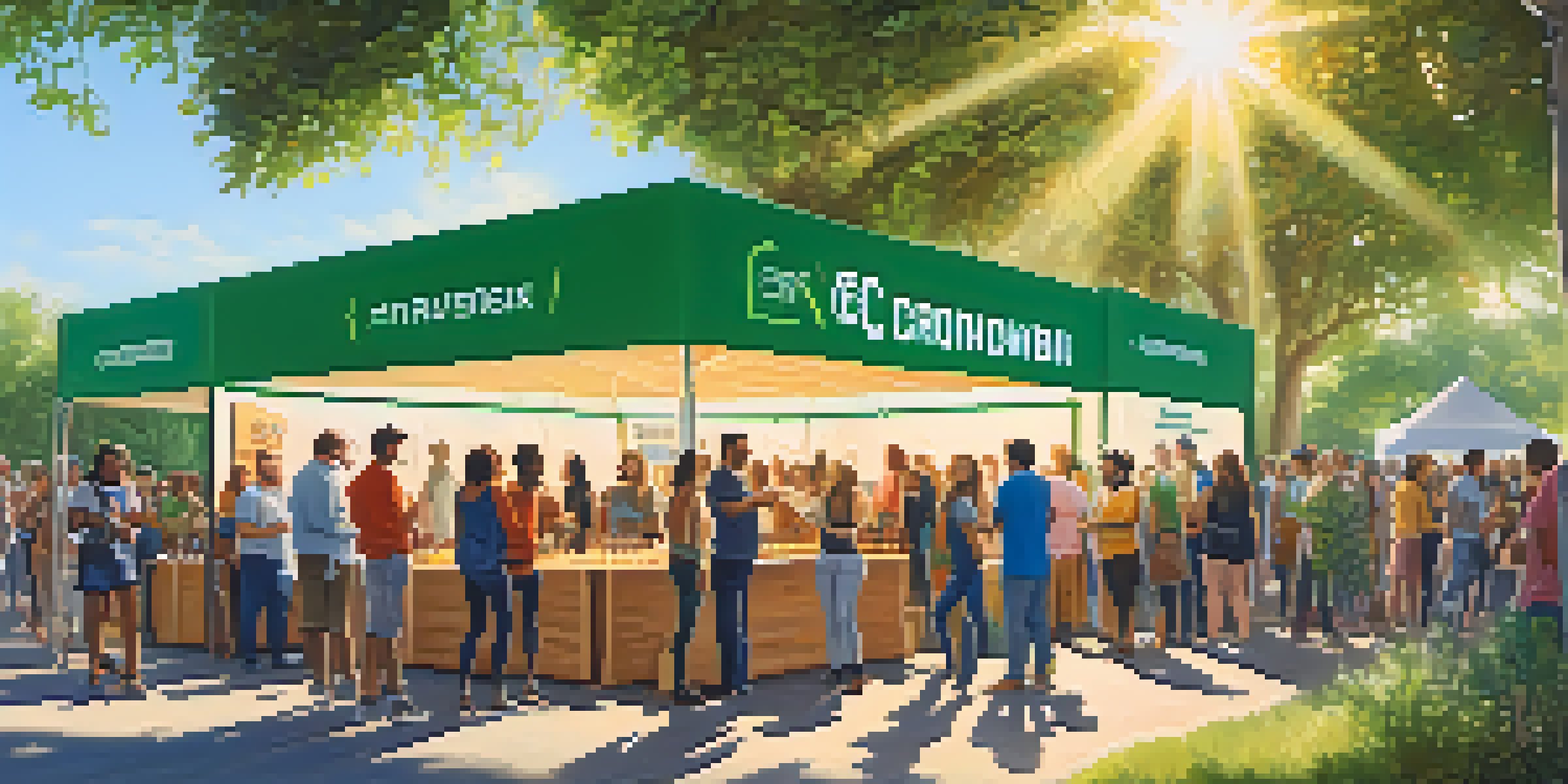 A diverse group of people gathered around a crowdfunding booth for eco-friendly products in a lively outdoor setting.