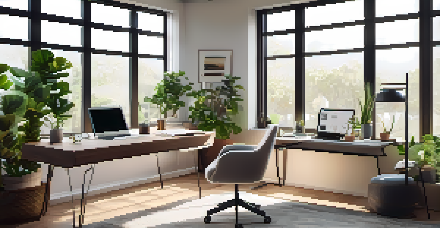 A modern home office with smart lighting and a desk equipped with a computer and smart speakers, illuminated by natural light.