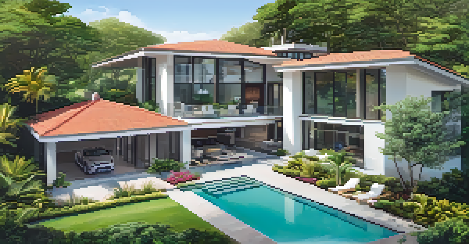 Aerial view of a modern home with a pool and lush gardens, showing the layout and surroundings.