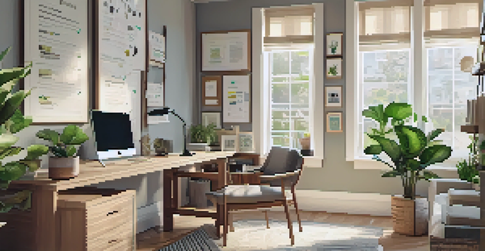 A bright and inviting home office space filled with a laptop, property listings, and tax documents, surrounded by houseplants.