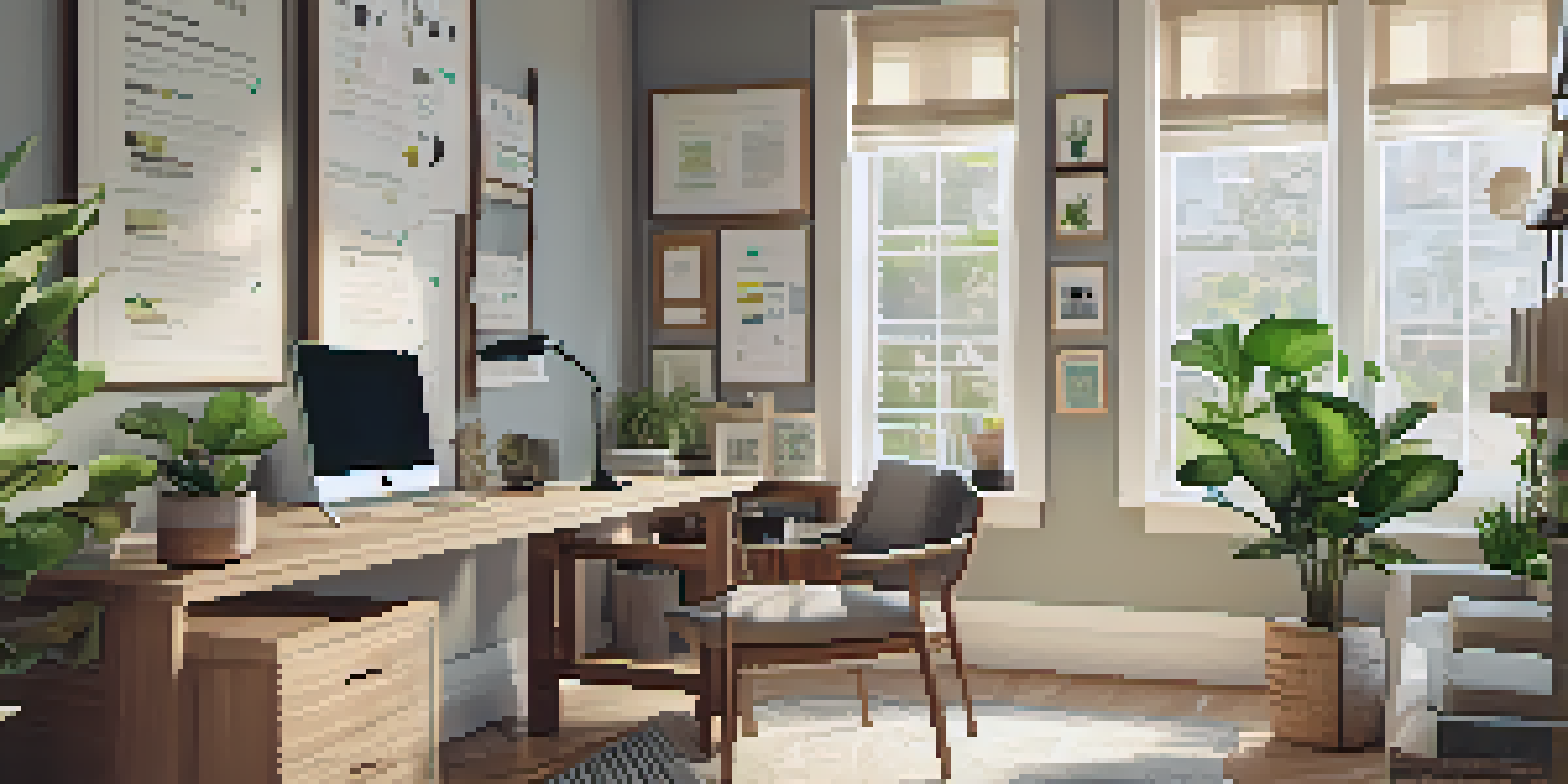 A bright and inviting home office space filled with a laptop, property listings, and tax documents, surrounded by houseplants.