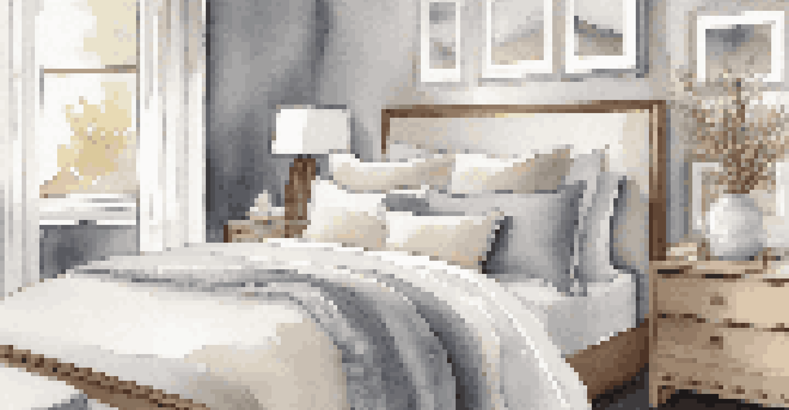 A peaceful bedroom with gray walls, a cozy bed with layered textures, wooden furniture, and a large mirror reflecting light, enhancing the spacious feel.