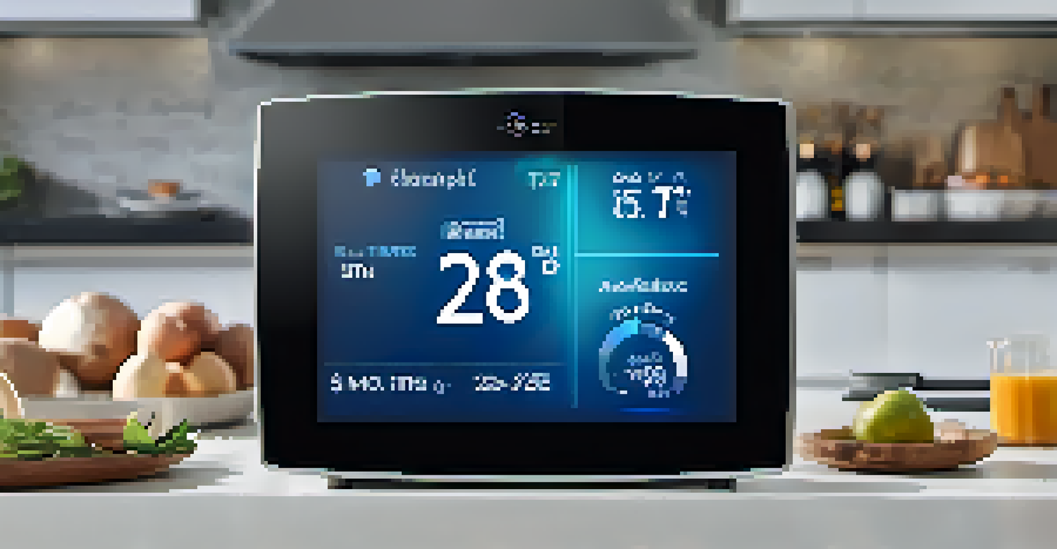 A close-up of a smart thermostat showing energy usage statistics in a modern kitchen.