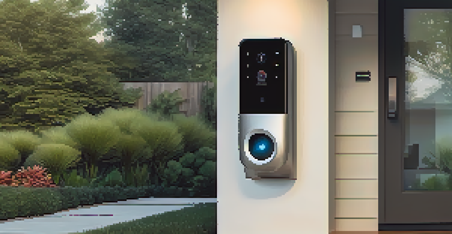 An outdoor view showcasing a smart security system including a camera and smart lock at a modern home entrance.