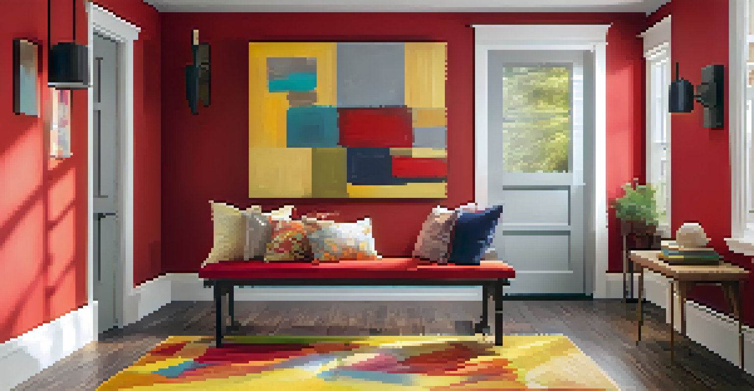 An eclectic entryway with a bold red wall, rustic bench, yellow cushions, and colorful decor, warmly lit.