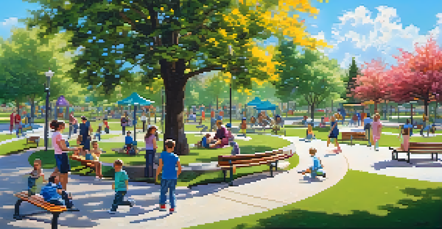 A lively community park filled with families and children playing, surrounded by flowers and trees under a clear blue sky.