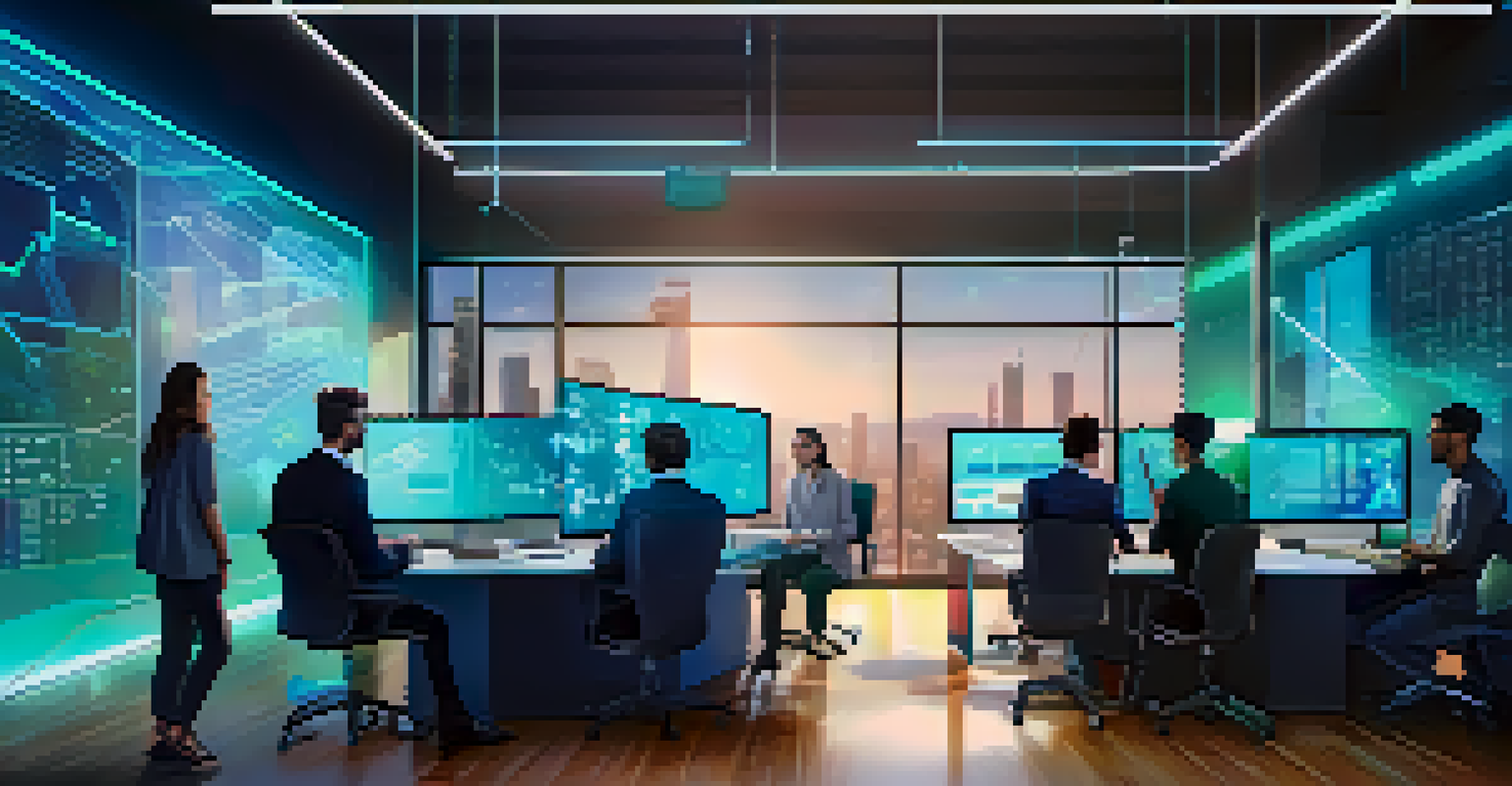 A modern office with people discussing a digital interface showcasing blockchain technology for real estate crowdfunding.