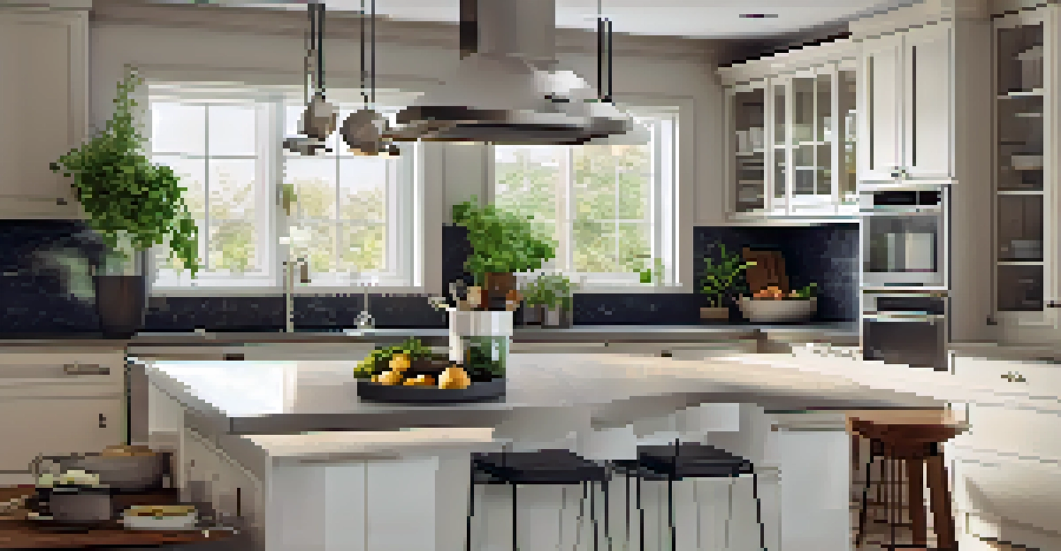 A bright and clean kitchen with modern appliances, fresh herbs, and under-cabinet lighting.