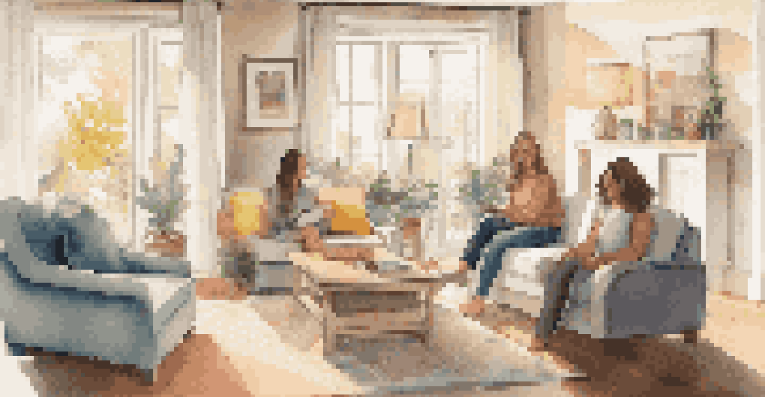 A family in a living room using smart technology for energy management with natural light.