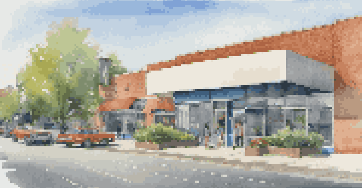 A modern commercial property for lease, surrounded by greenery and a busy street, with a clear blue sky above.