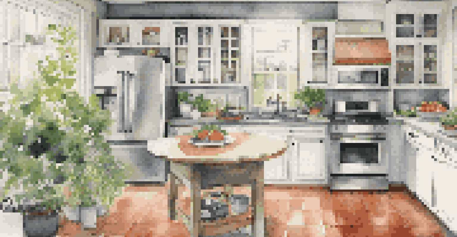A kitchen counter displaying multi-functional appliances like a pressure cooker and blender, surrounded by greenery, creating a clean and vibrant cooking space.