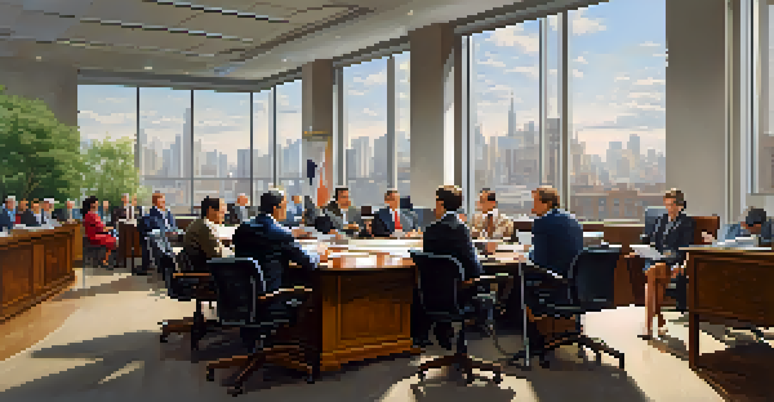 A zoning board meeting in an office with diverse members reviewing documents, set against a cityscape backdrop.