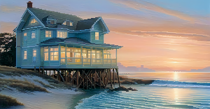 A coastal landscape showing a beach house partially underwater during sunset, with a city skyline in the background.