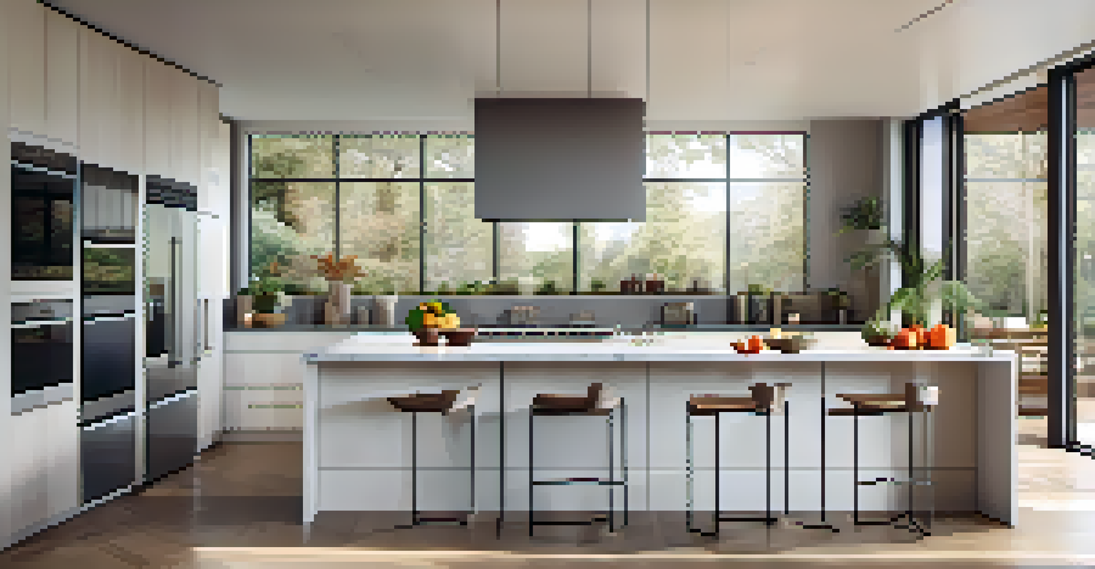 A modern kitchen with energy-efficient appliances, a marble countertop, and large windows allowing natural light.